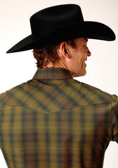 Roper Mens Long Sleeve Snap Black Gold Plaid Western Shirt - Roper