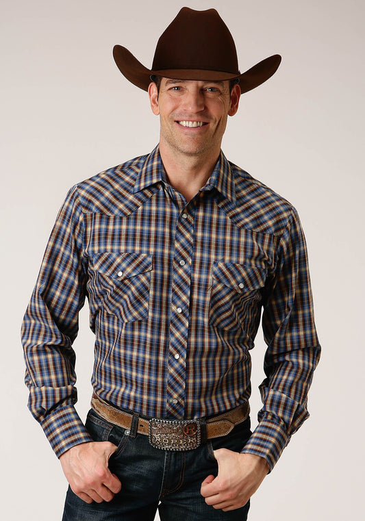 Roper Mens Long Sleeve Snap Royal  Brown And Yellow Plaid Western Shirt - Roper