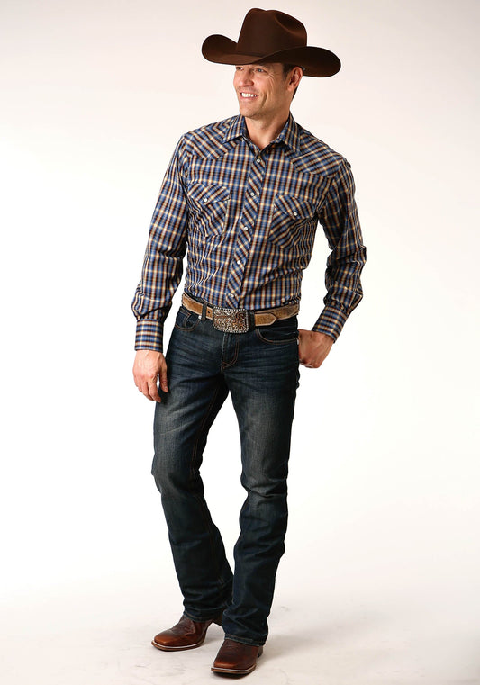 Roper Mens Long Sleeve Snap Royal  Brown And Yellow Plaid Western Shirt - Roper