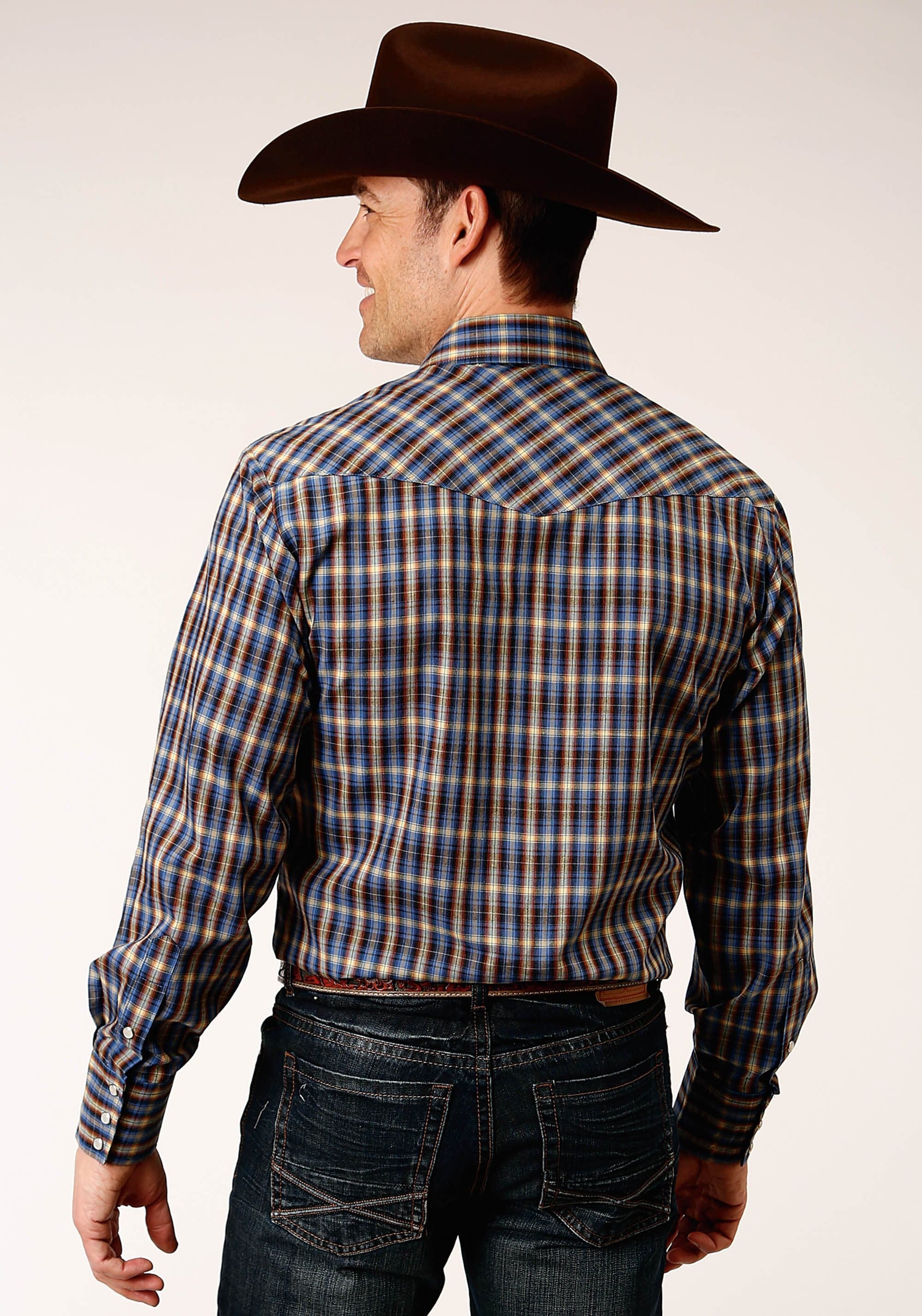 Roper Mens Long Sleeve Snap Royal  Brown And Yellow Plaid Western Shirt - Roper