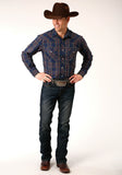 Roper Mens Long Sleeve Snap Navy  Wine  Brown  Green Plaid Western Shirt - Roper
