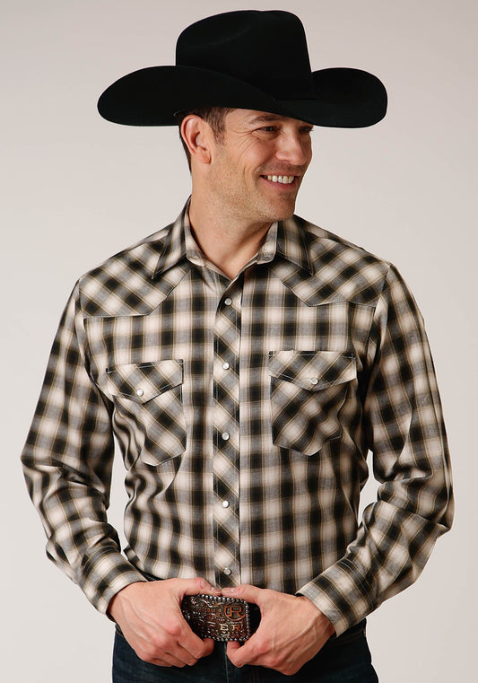 Roper Mens Long Sleeve Snap Black  Cream And Olive Plaid Western Shirt - Roper