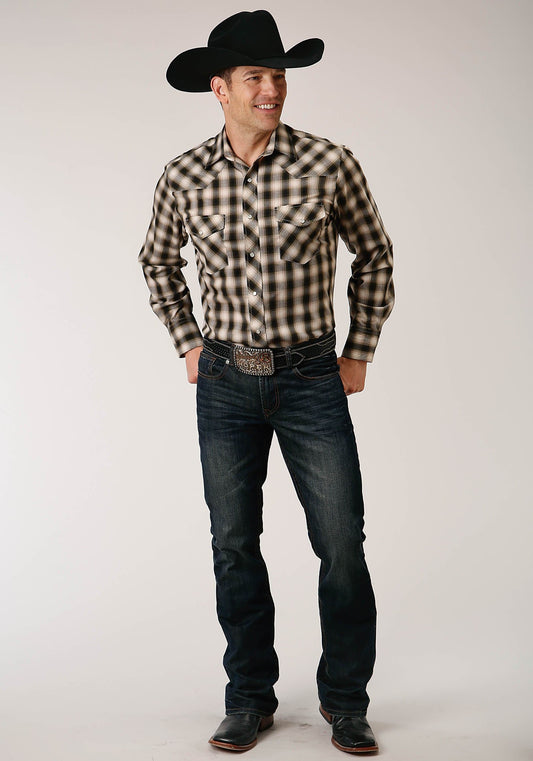Roper Mens Long Sleeve Snap Black  Cream And Olive Plaid Western Shirt - Roper