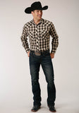 Roper Mens Long Sleeve Snap Black  Cream And Olive Plaid Western Shirt - Roper
