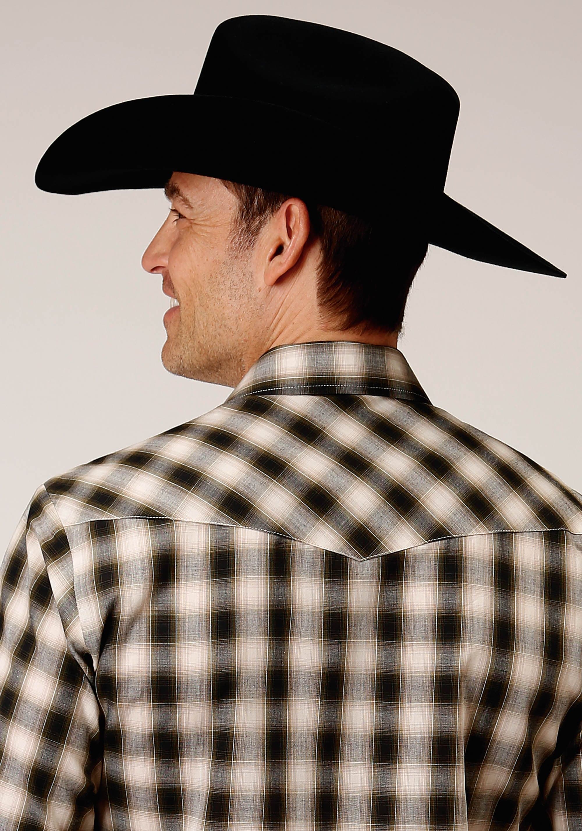 Roper Mens Long Sleeve Snap Black  Cream And Olive Plaid Western Shirt - Roper