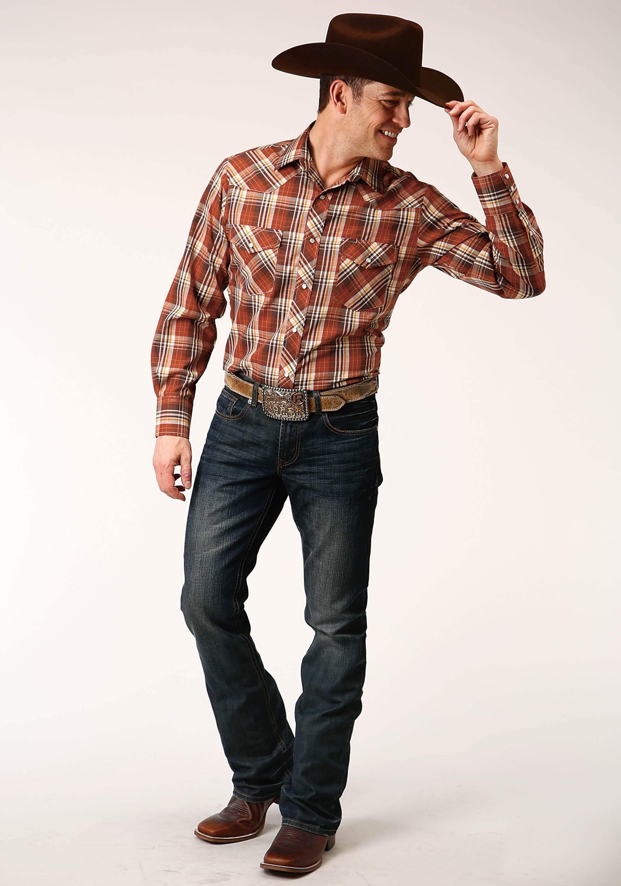 Roper Mens Long Sleeve Snap Rust Brown And Cream Plaid Western Shirt - Roper - Flyclothing LLC