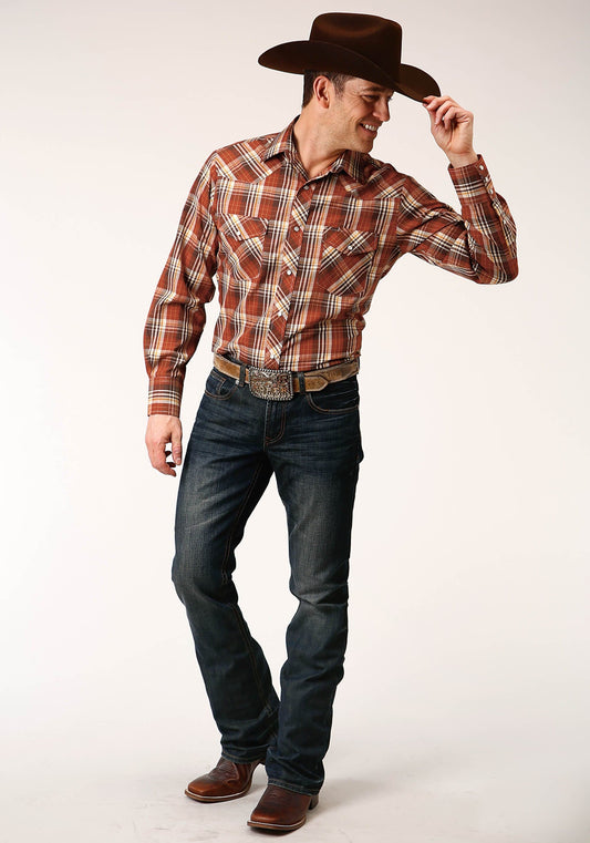 Roper Mens Long Sleeve Snap Rust  Brown And Cream Plaid Western Shirt - Roper