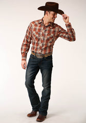 Roper Mens Long Sleeve Snap Rust  Brown And Cream Plaid Western Shirt - Roper