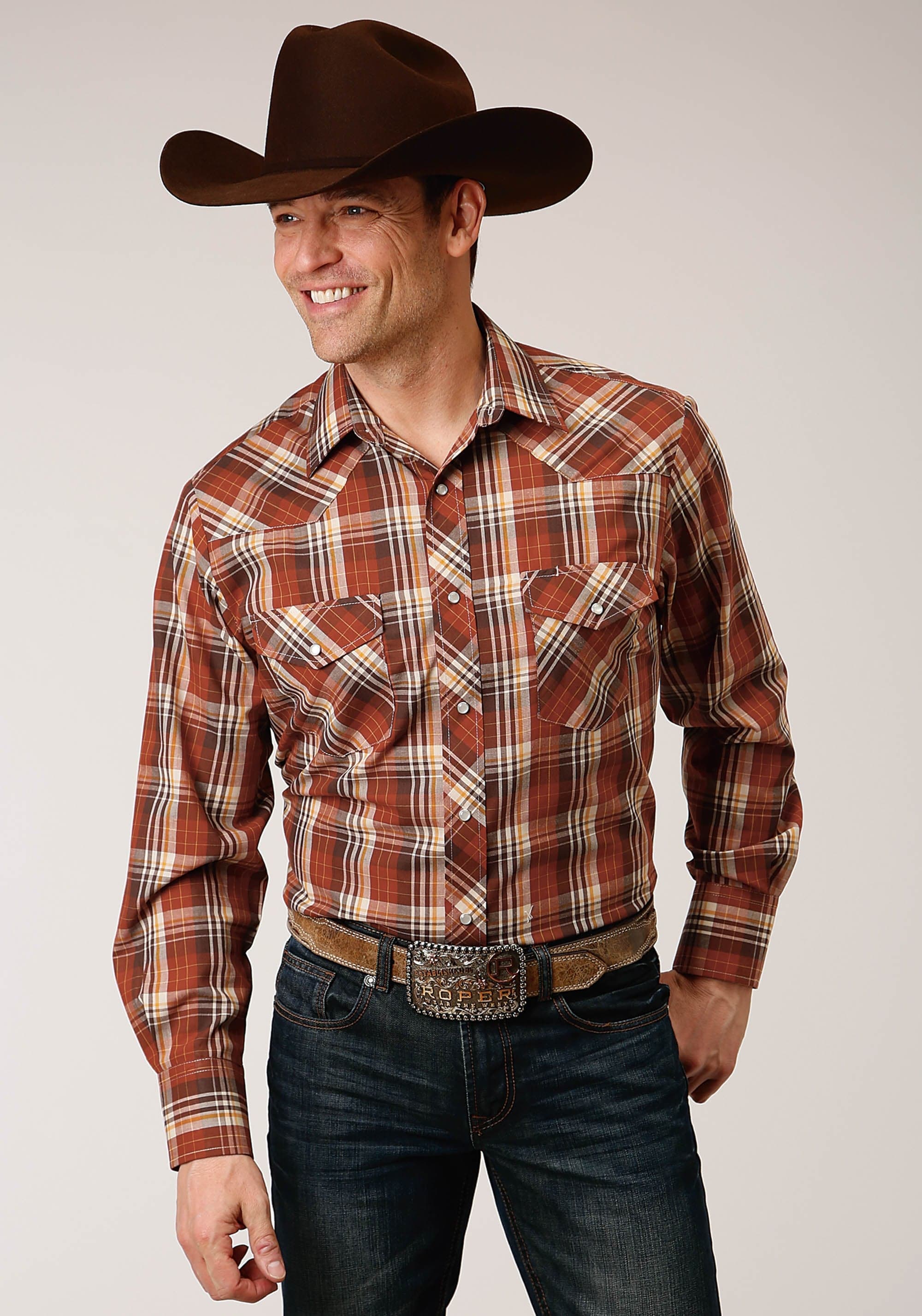 Roper Mens Long Sleeve Snap Rust  Brown And Cream Plaid Western Shirt - Roper