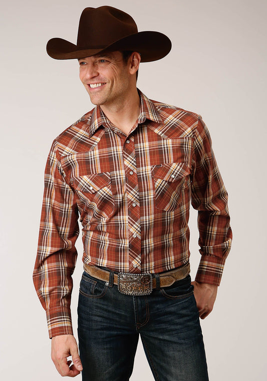 Roper Mens Long Sleeve Snap Rust  Brown And Cream Plaid Western Shirt - Roper