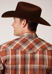 Roper Mens Long Sleeve Snap Rust  Brown And Cream Plaid Western Shirt - Roper