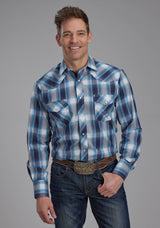 Roper Mens Mulit Blue And White Plaid Long Sleeve Snap Western Shirt