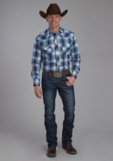 Roper Mens Mulit Blue And White Plaid Long Sleeve Snap Western Shirt