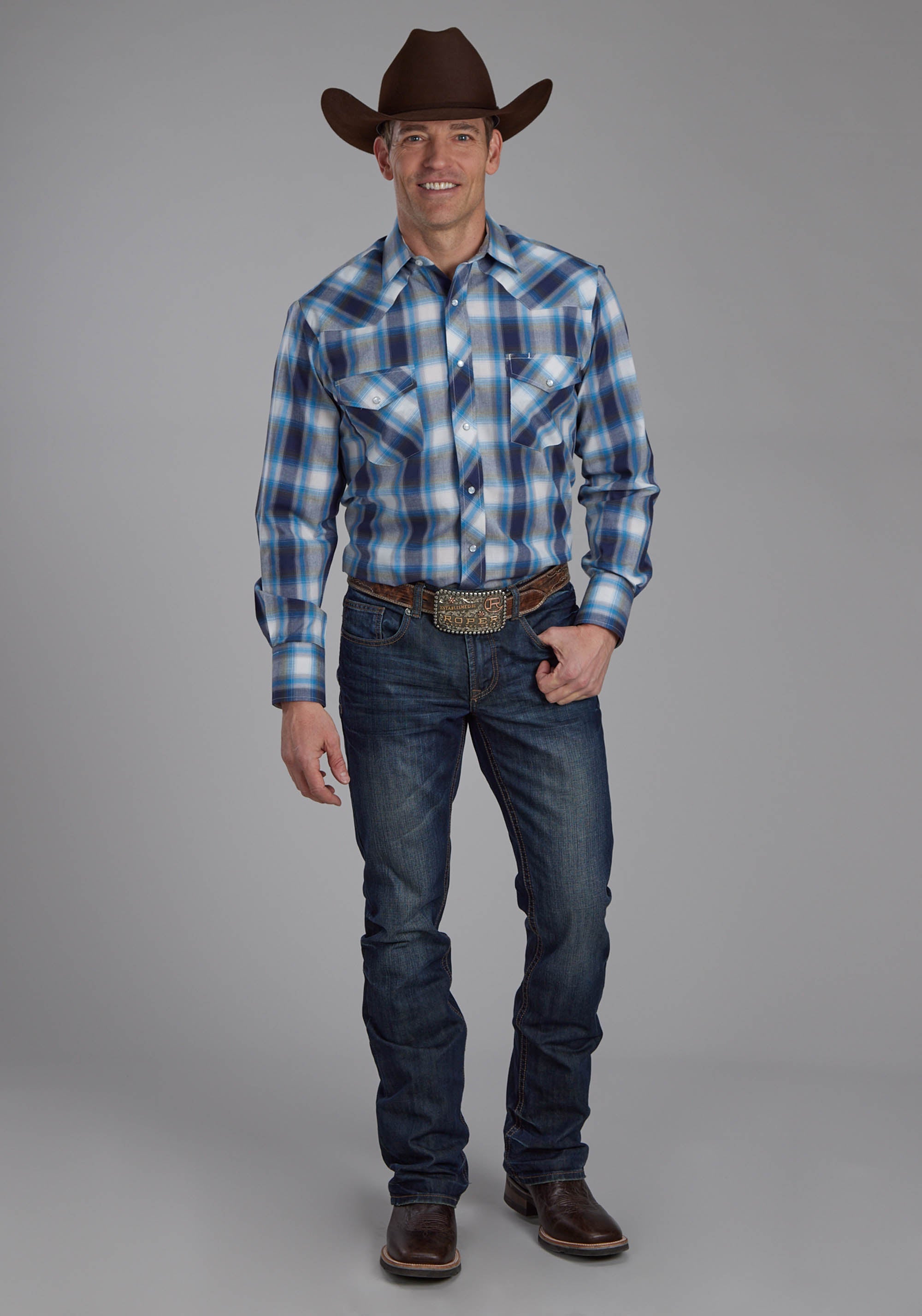 Roper Mens Mulit Blue And White Plaid Long Sleeve Snap Western Shirt