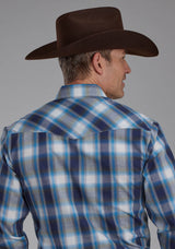 Roper Mens Mulit Blue And White Plaid Long Sleeve Snap Western Shirt
