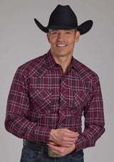 Roper Mens Wine, Black And White Plaid Long Sleeve Snap Western Shirt - Roper - Flyclothing LLC