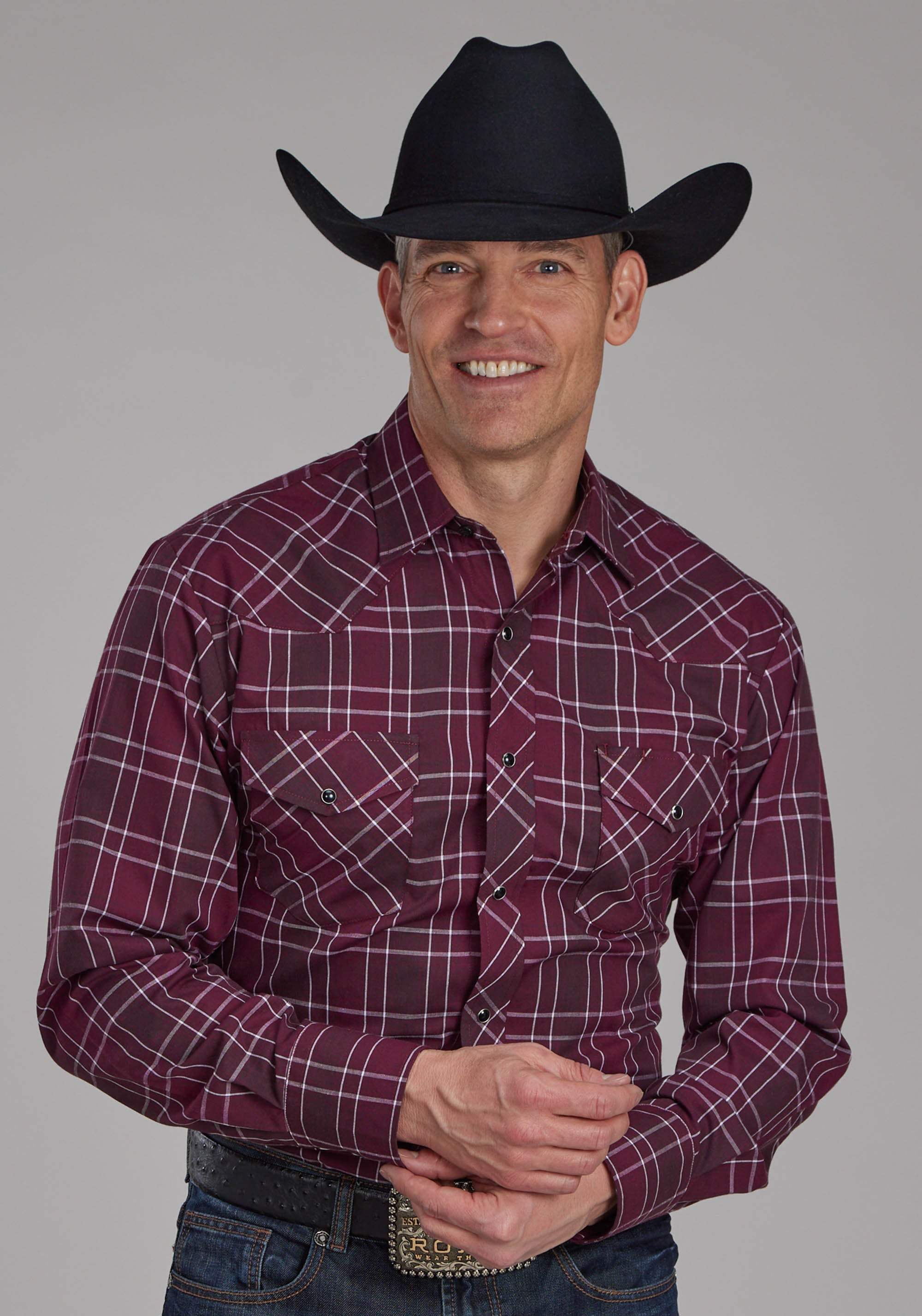 Roper Mens Wine, Black And White Plaid Long Sleeve Snap Western Shirt - Roper - Flyclothing LLC