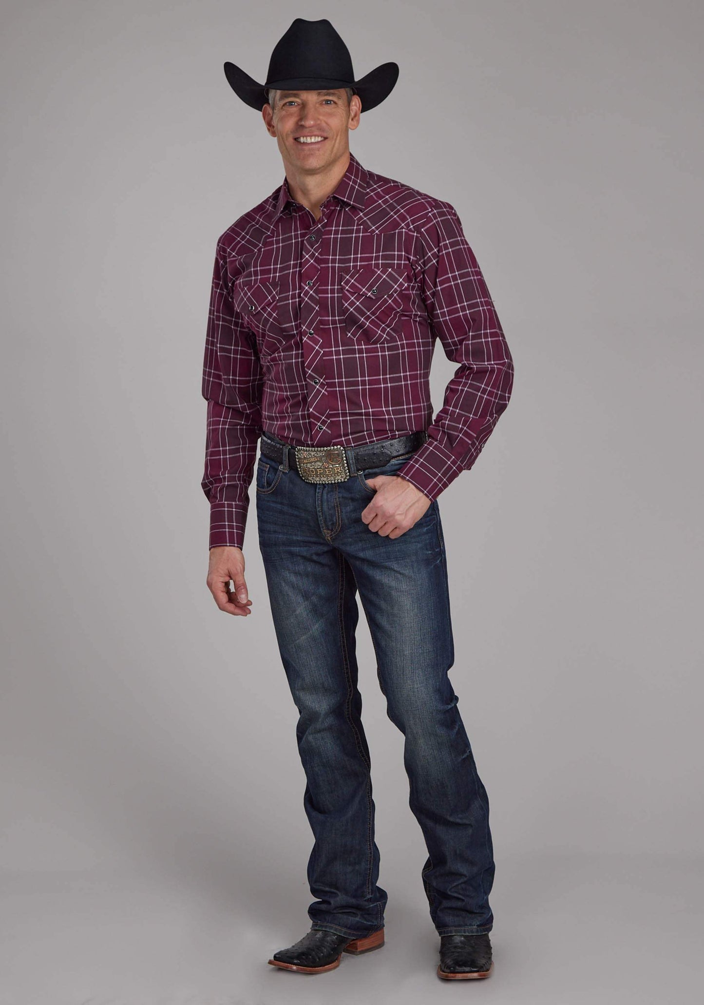Roper Mens Wine, Black And White Plaid Long Sleeve Snap Western Shirt - Roper - Flyclothing LLC
