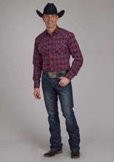 Roper Mens Wine, Black And White Plaid Long Sleeve Snap Western Shirt - Roper - Flyclothing LLC