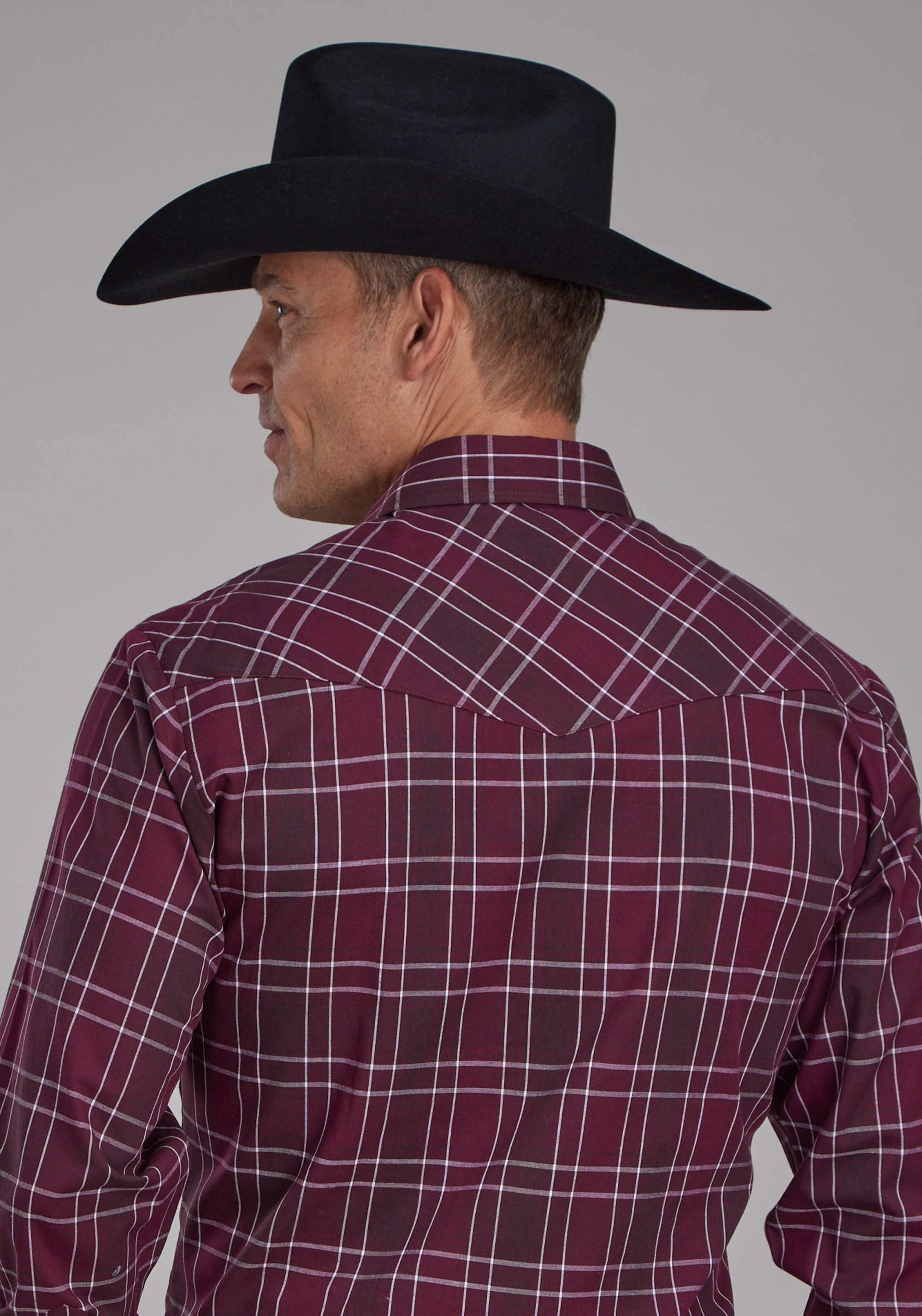 Roper Mens Wine, Black And White Plaid Long Sleeve Snap Western Shirt - Roper - Flyclothing LLC