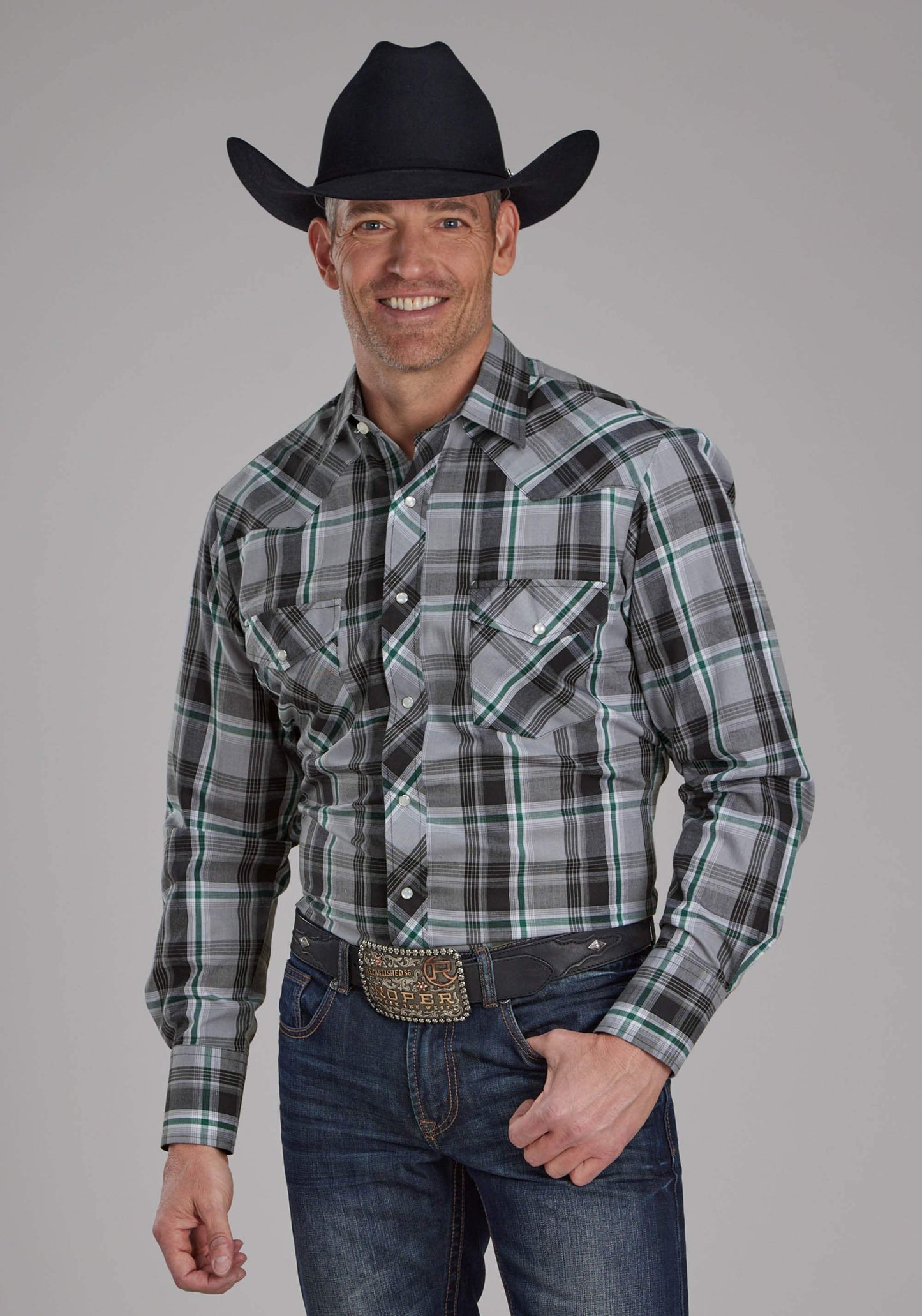 Roper Mens Gray, Black And White Plaid Long Sleeve Snap Western Shirt - Roper - Flyclothing LLC