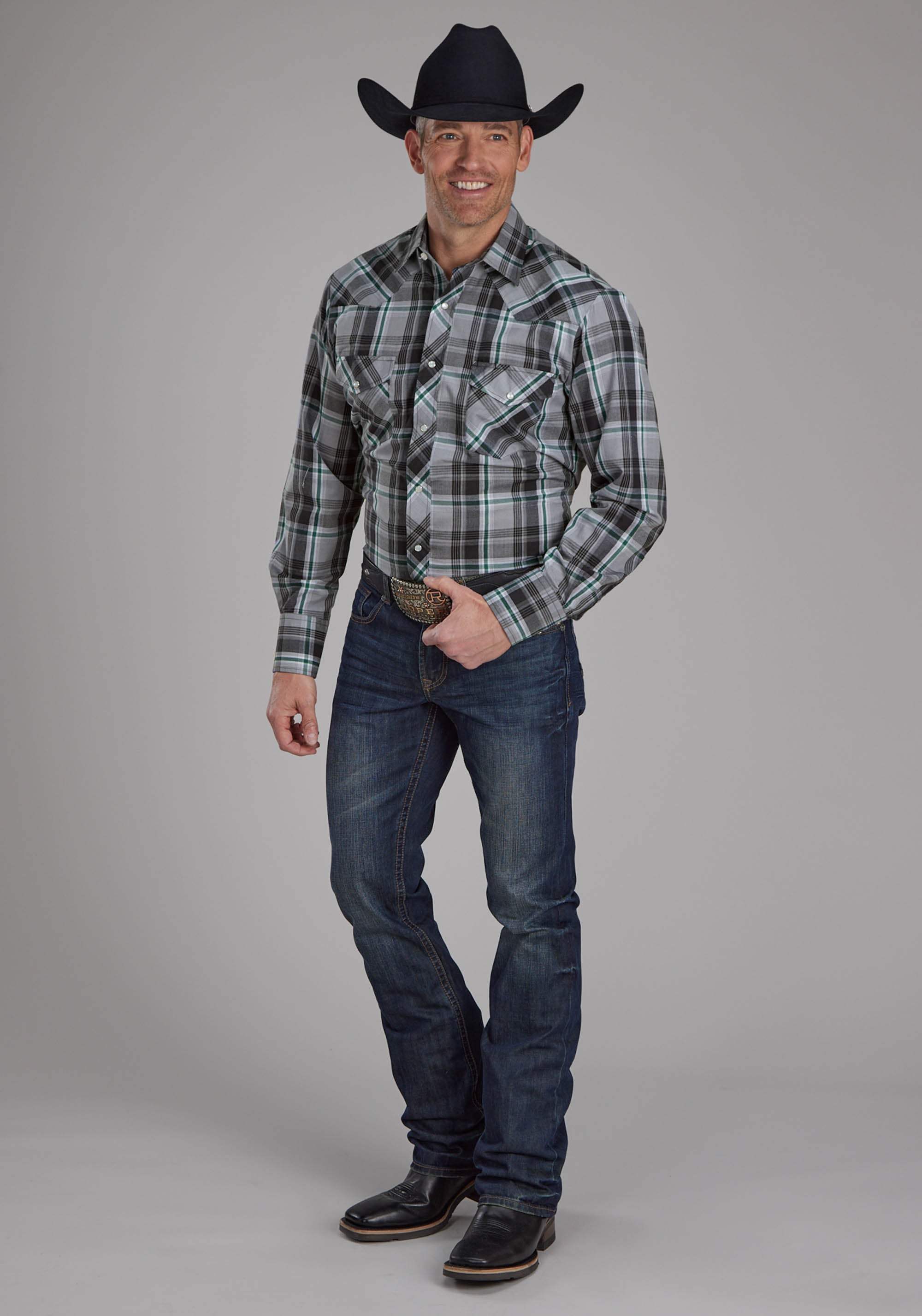 Roper Mens Gray, Black And White Plaid Long Sleeve Snap Western Shirt - Roper - Flyclothing LLC
