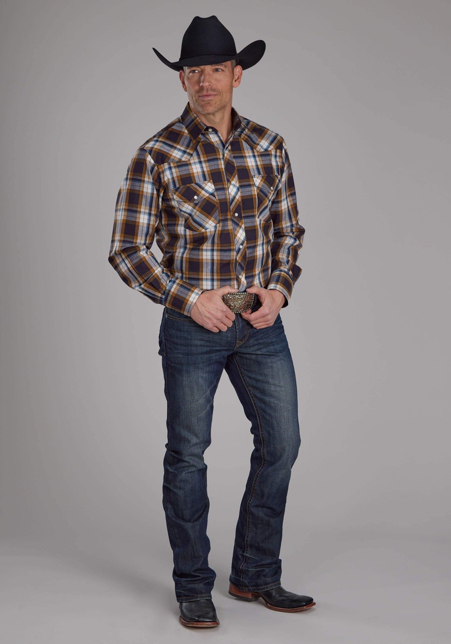 Roper Mens Caramel, Navy, And Teal Plaid Long Sleeve Snap Western Shirt - Roper - Flyclothing LLC
