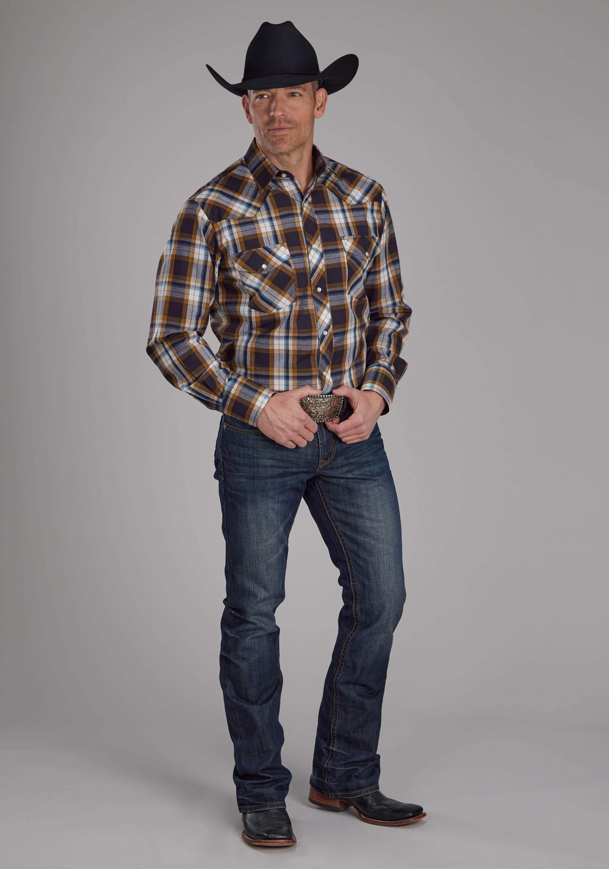 Roper Mens Caramel, Navy, And Teal Plaid Long Sleeve Snap Western Shirt - Roper - Flyclothing LLC