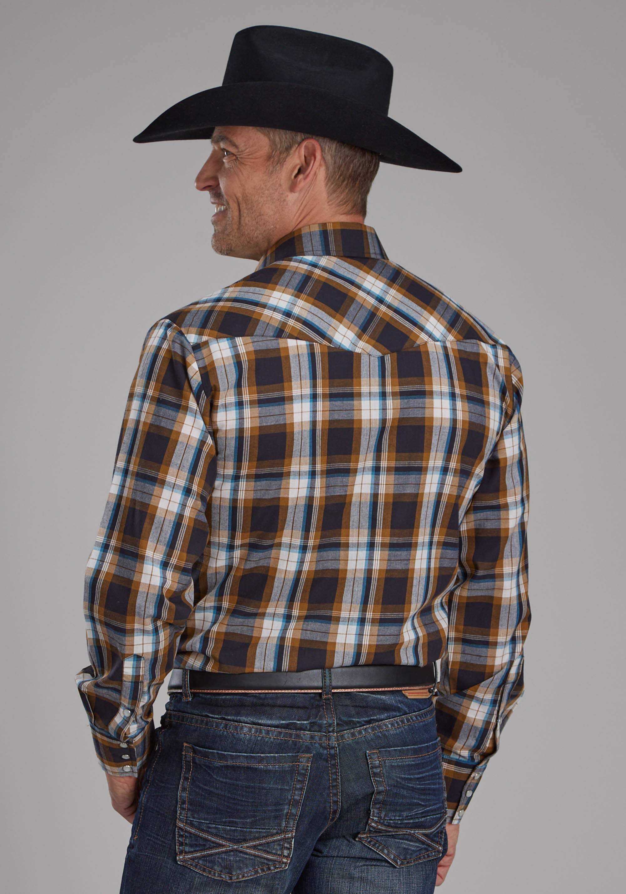 Roper Mens Caramel, Navy, And Teal Plaid Long Sleeve Snap Western Shirt - Roper - Flyclothing LLC