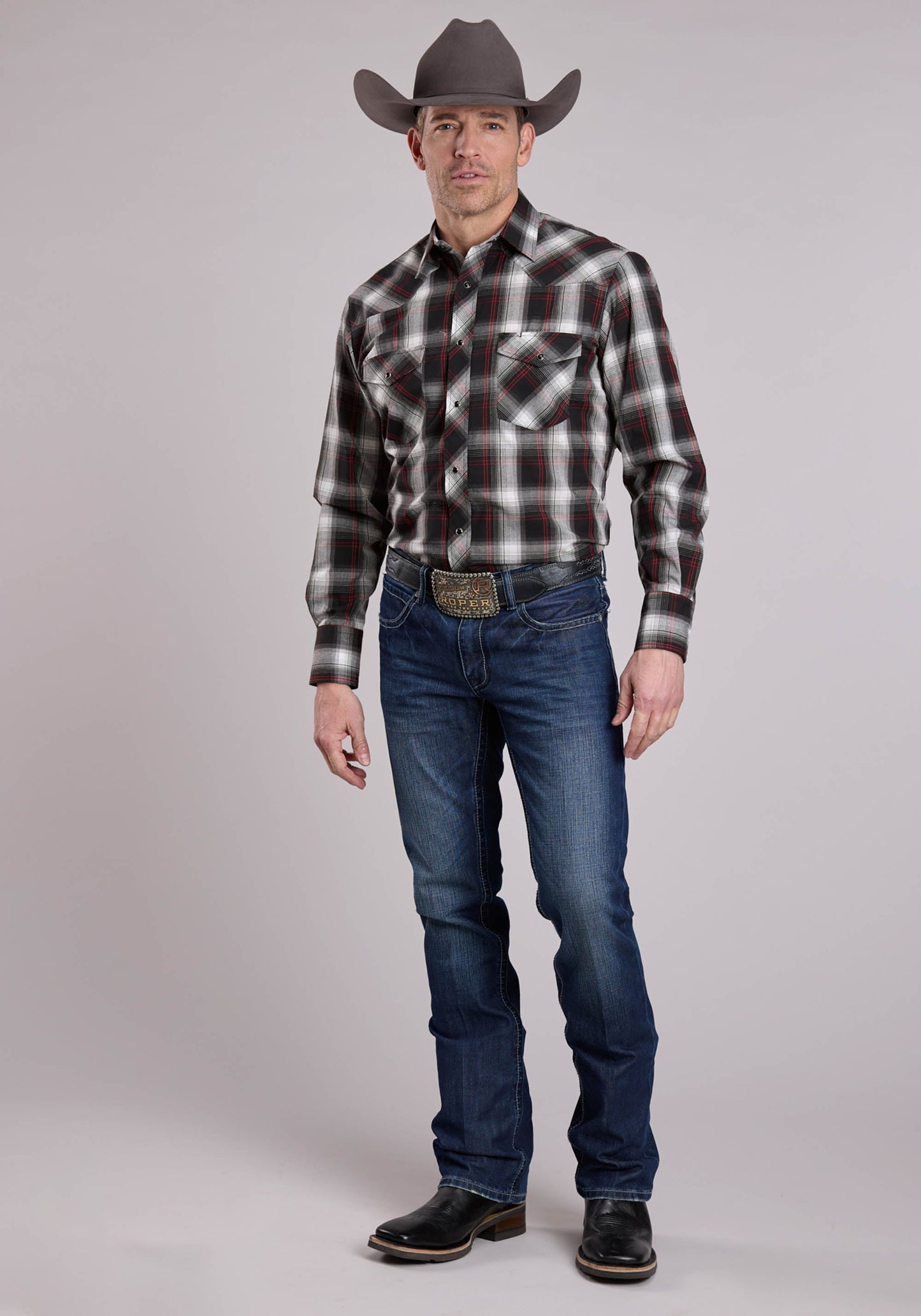 Roper Mens Long Sleeve Snap Black White Red Plaid Western Shirt