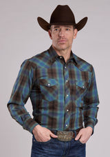 Roper Mens Long Sleeve Snap Turquoise Cobalt Chocolate Plaid Western S