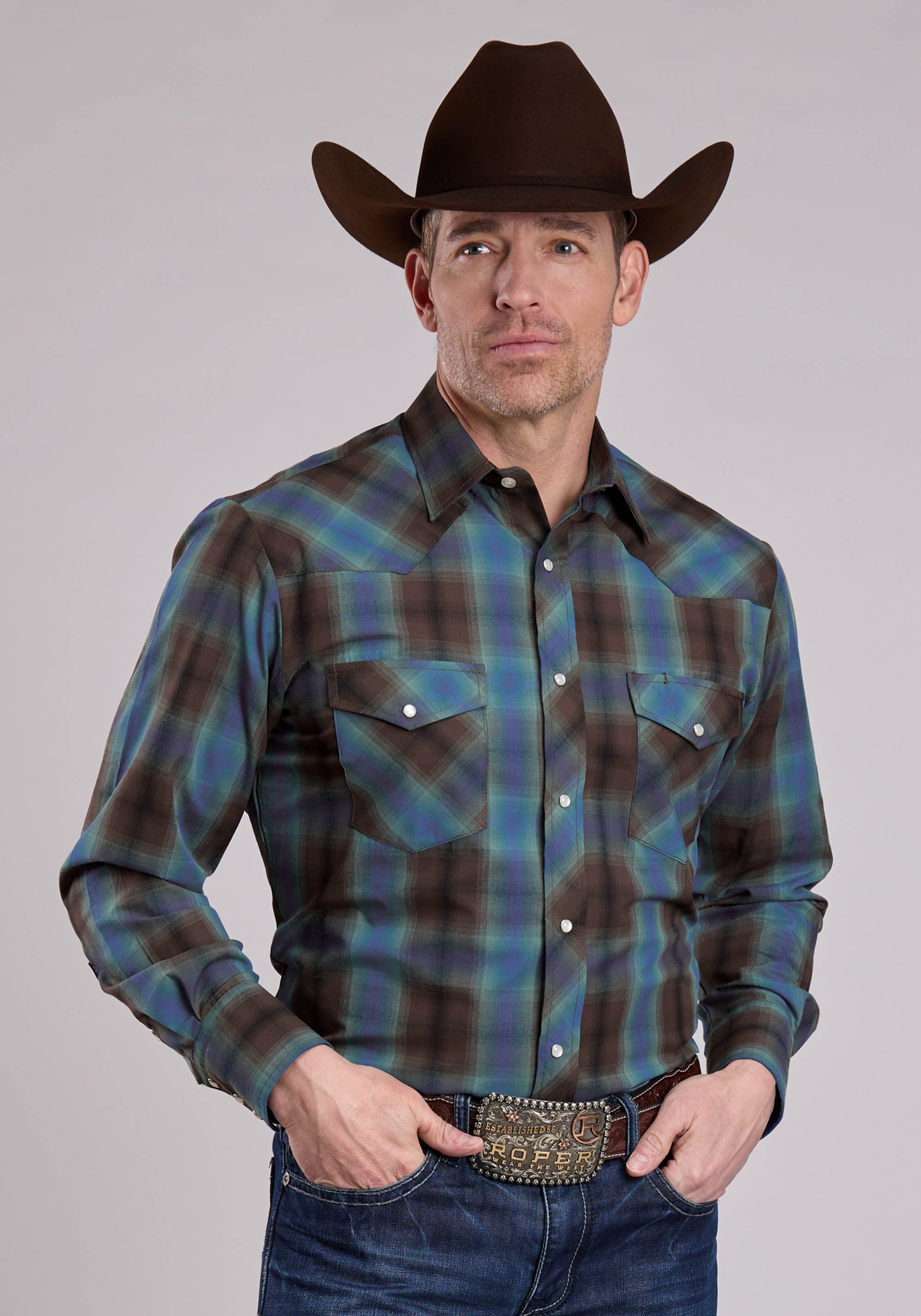 Roper Mens Long Sleeve Snap Turquoise Cobalt Chocolate Plaid Western S