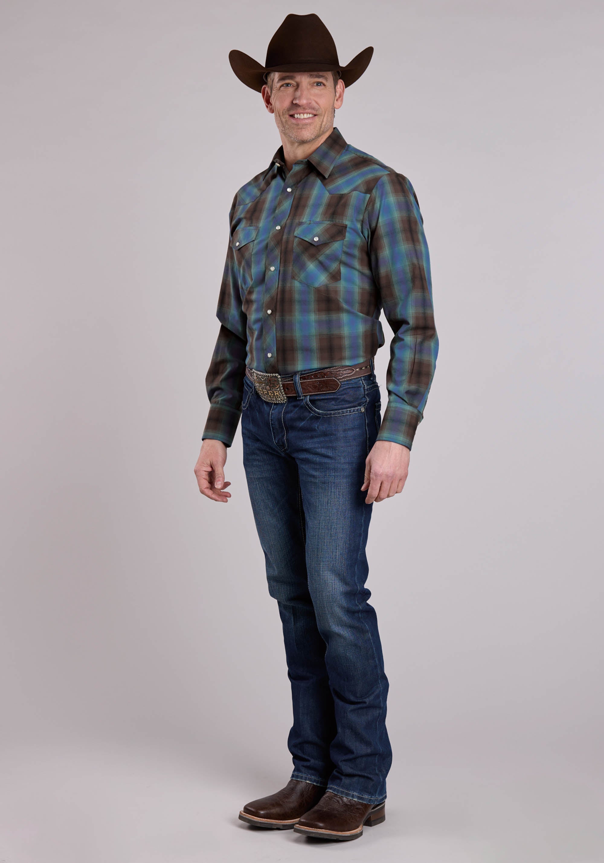 Roper Mens Long Sleeve Snap Turquoise Cobalt Chocolate Plaid Western Shirt