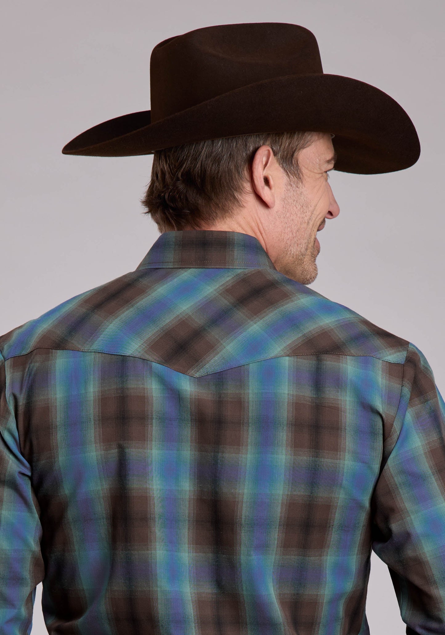 Roper Mens Long Sleeve Snap Turquoise Cobalt Chocolate Plaid Western Shirt
