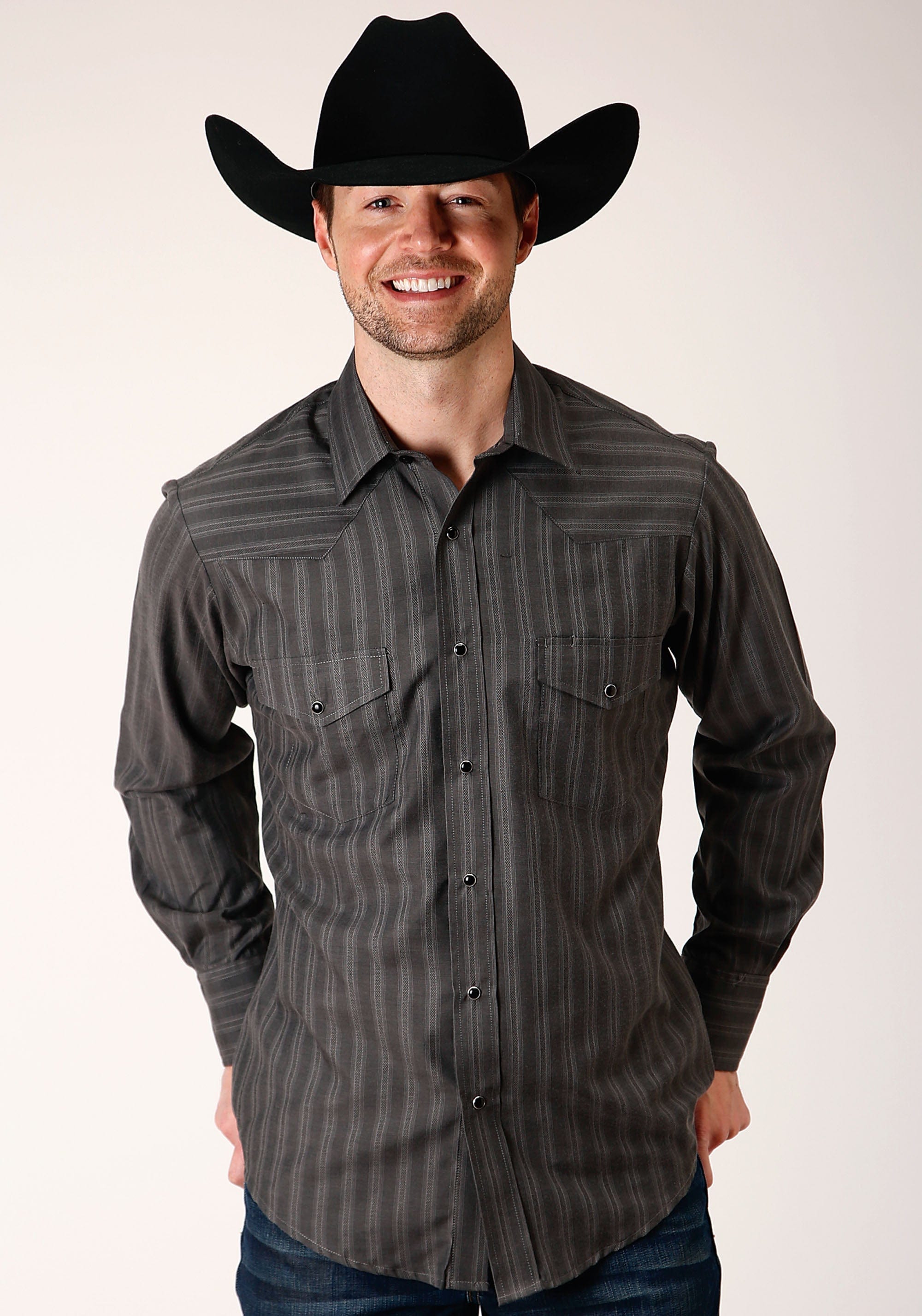 Roper Mens Long Sleeve Snap Charcoal Dobby Stripe Western Shirt - Roper