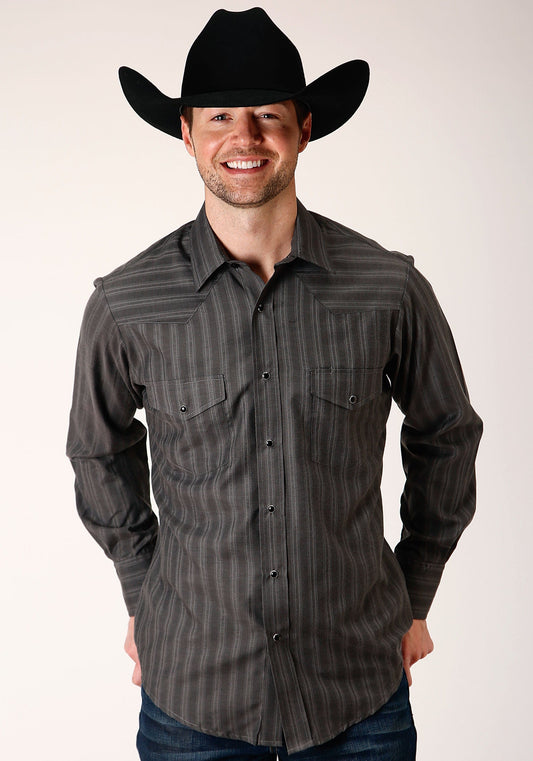 Roper Mens Long Sleeve Snap Charcoal Dobby Stripe Western Shirt - Roper