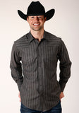 Roper Mens Long Sleeve Snap Charcoal Dobby Stripe Western Shirt - Roper