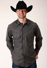 Roper Mens Long Sleeve Snap Charcoal Dobby Stripe Western Shirt - Roper