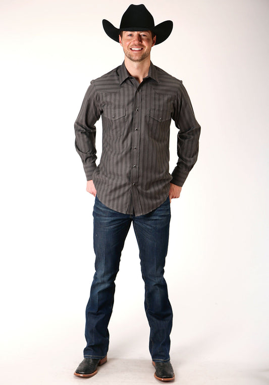 Roper Mens Long Sleeve Snap Charcoal Dobby Stripe Western Shirt - Roper