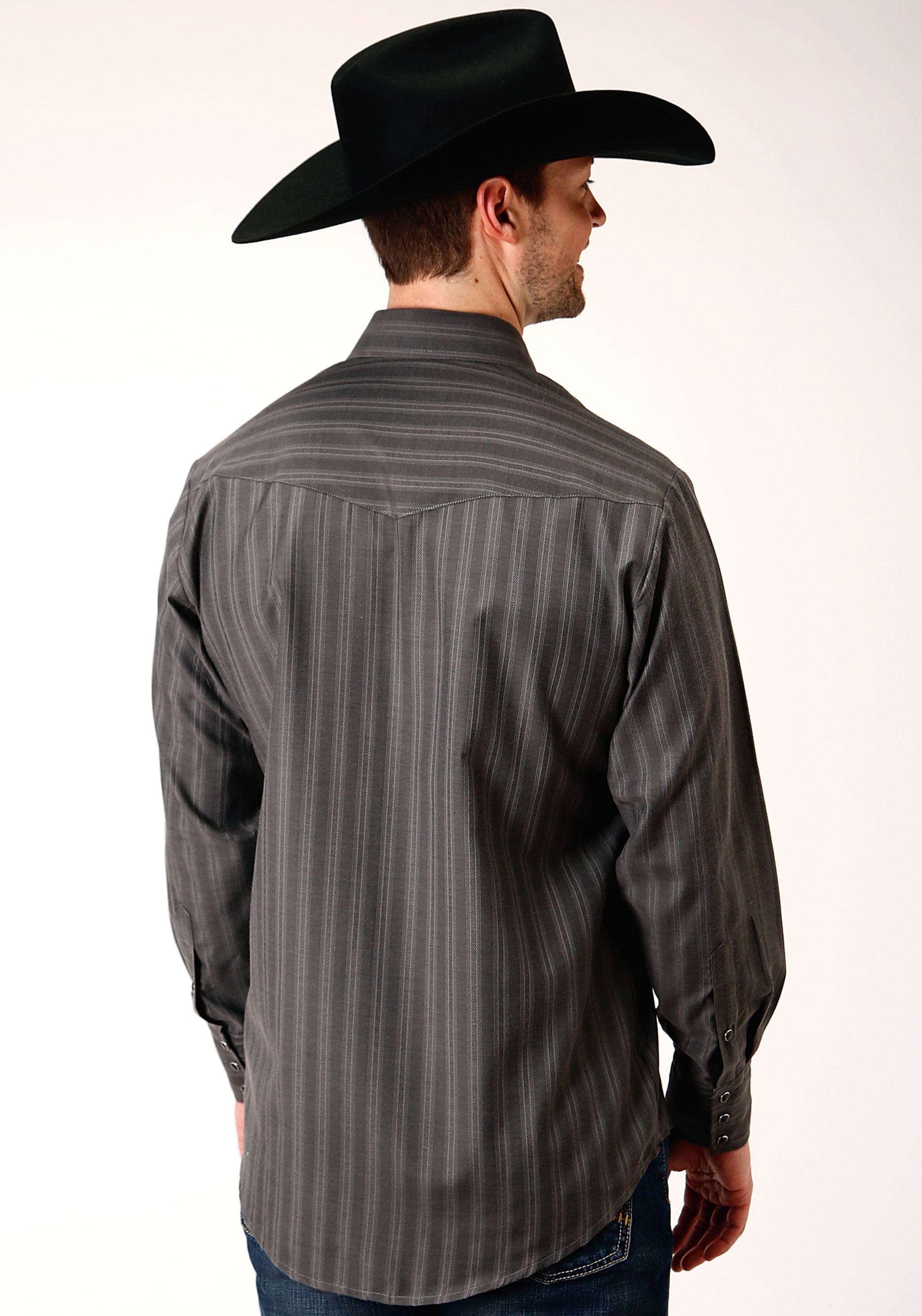 Roper Mens Long Sleeve Snap Charcoal Dobby Stripe Western Shirt - Roper