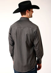 Roper Mens Long Sleeve Snap Charcoal Dobby Stripe Western Shirt - Roper