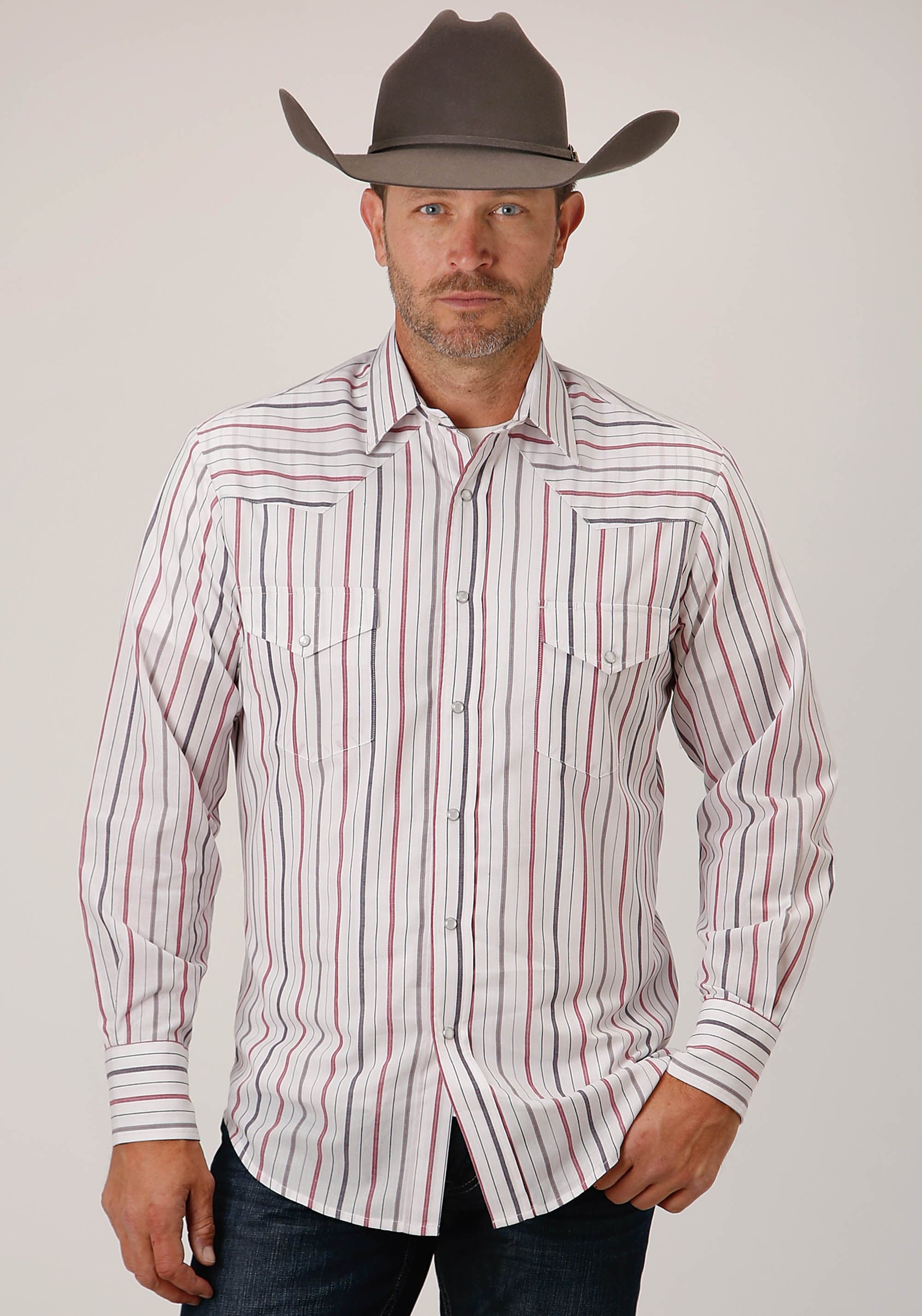 Roper Mens Long Sleeve Snap Navy  Red  Grey Stripe Western Shirt - Roper