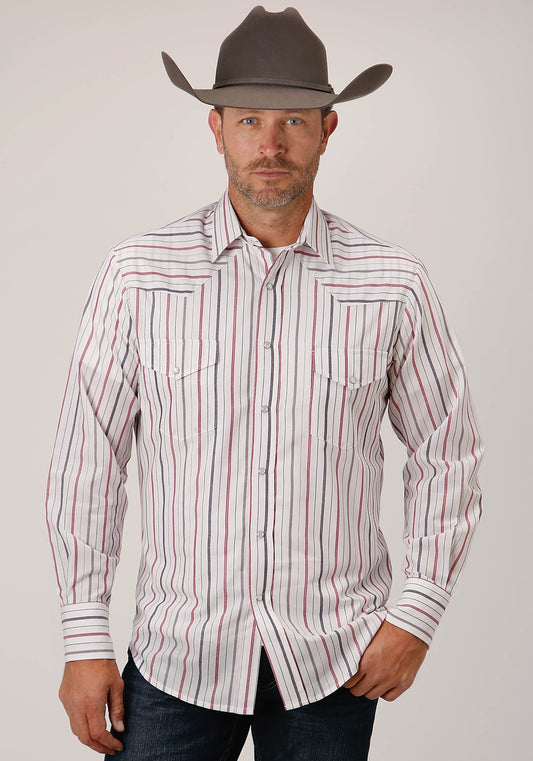 Roper Mens Long Sleeve Snap Navy  Red  Grey Stripe Western Shirt - Roper