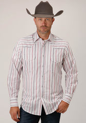 Roper Mens Long Sleeve Snap Navy  Red  Grey Stripe Western Shirt - Roper