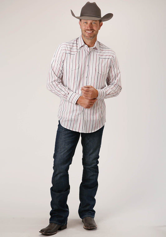 Roper Mens Long Sleeve Snap Navy  Red  Grey Stripe Western Shirt - Roper