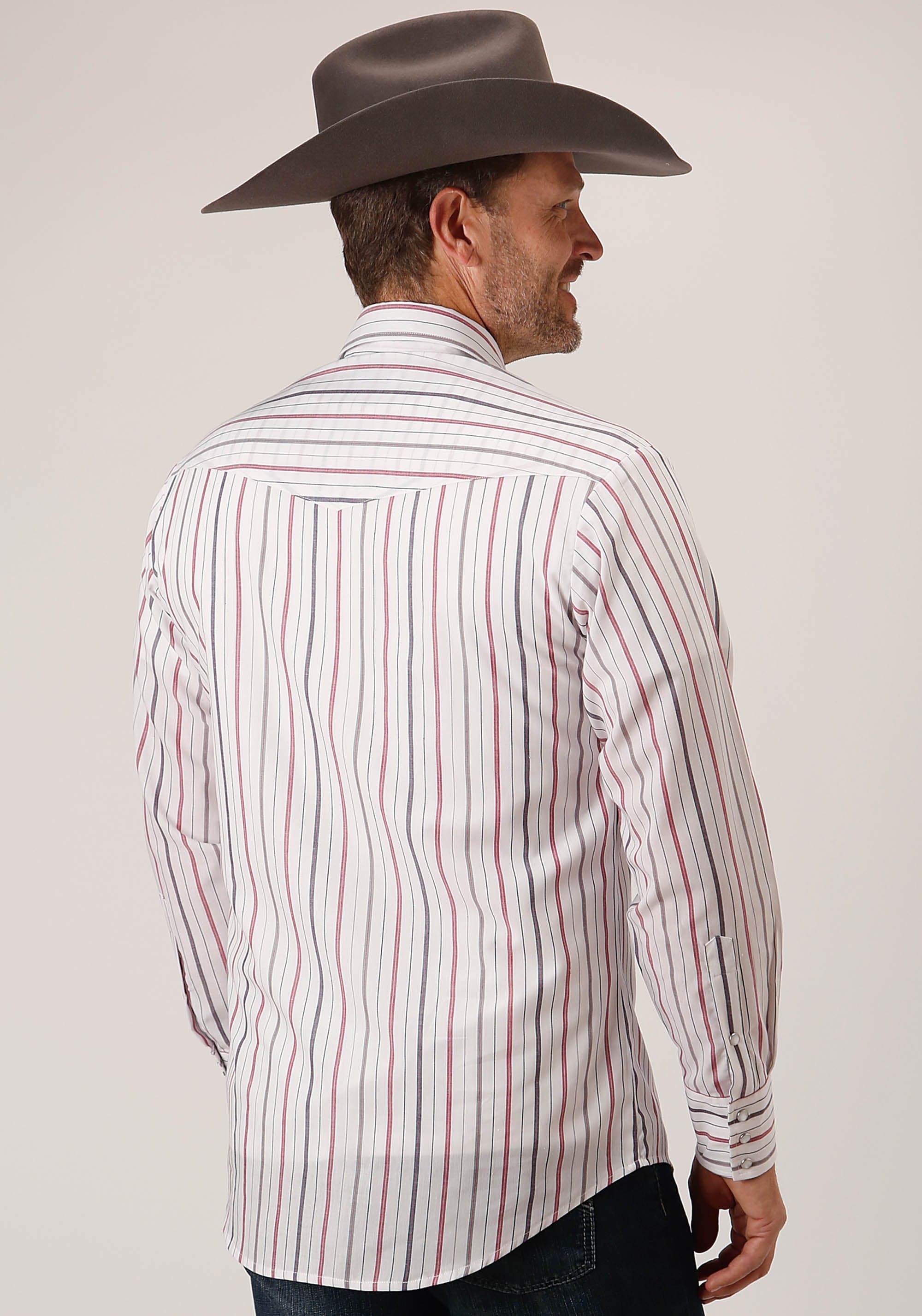 Roper Mens Long Sleeve Snap Navy  Red  Grey Stripe Western Shirt - Roper