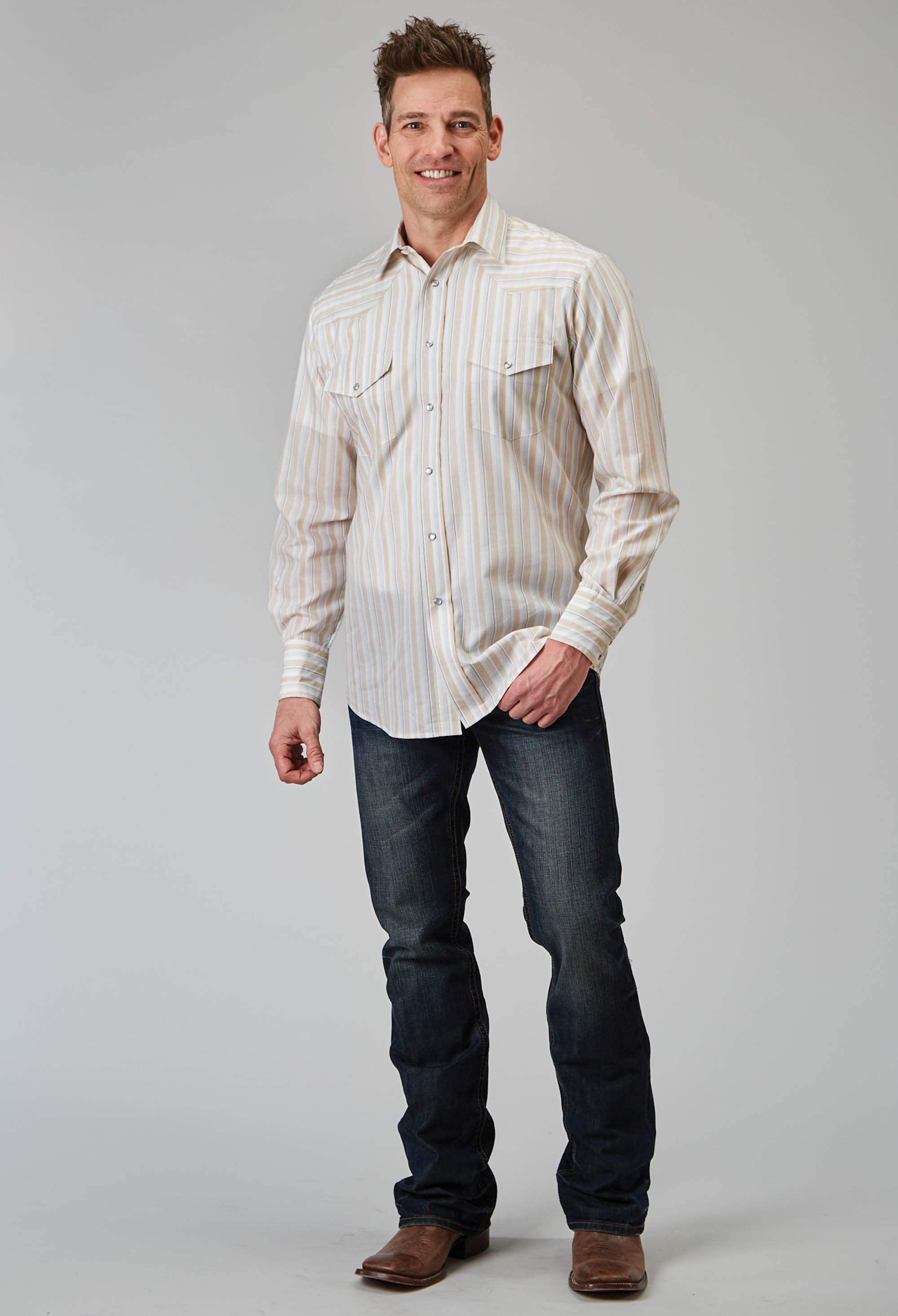 Roper Mens Long Sleeve Snap Neutral Stripe Western Shirt - Roper - Flyclothing LLC