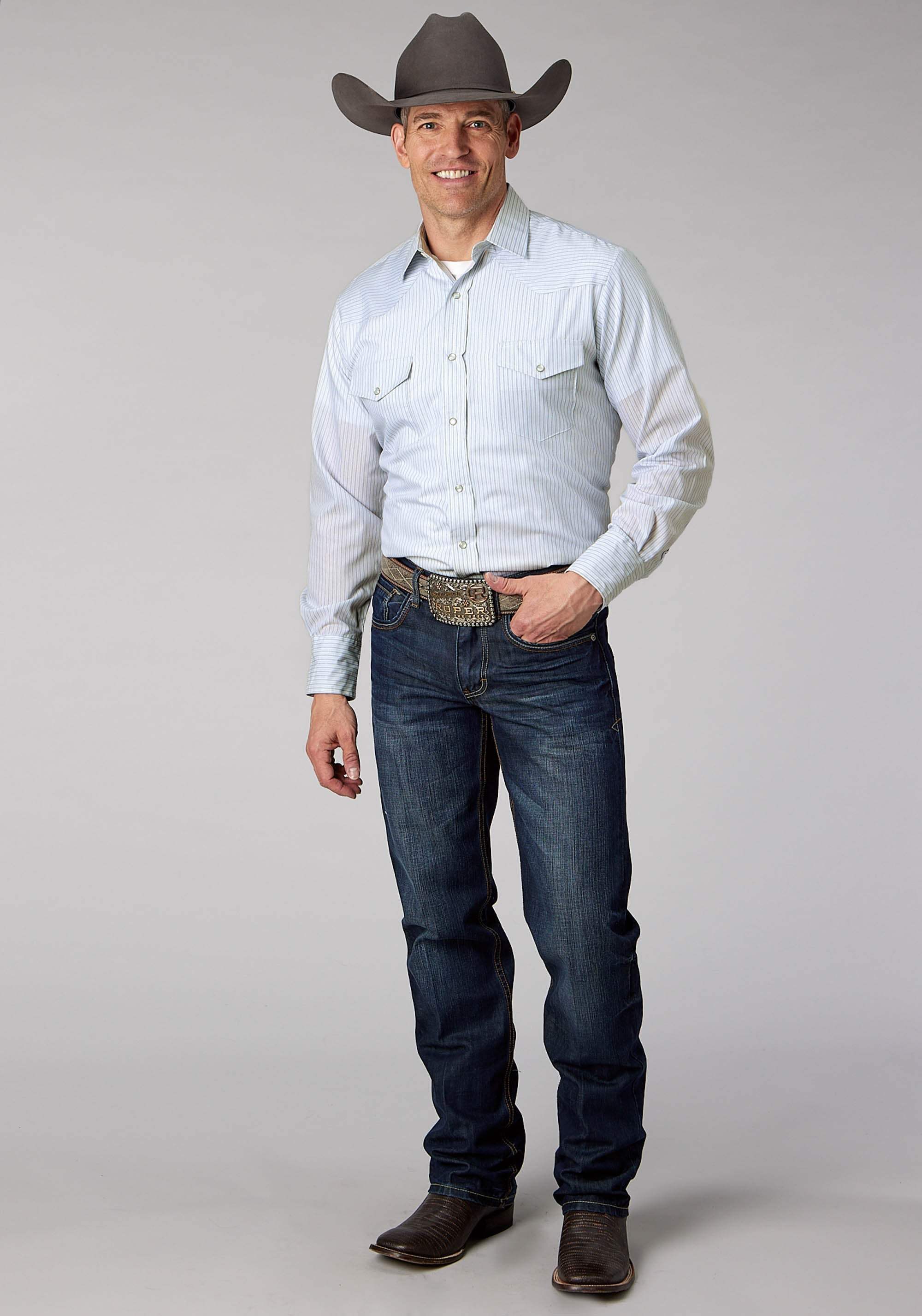 Roper Mens Light Blue Charcoal Wh Stripe Long Sleeve Snap Western Shirt - Roper - Flyclothing LLC