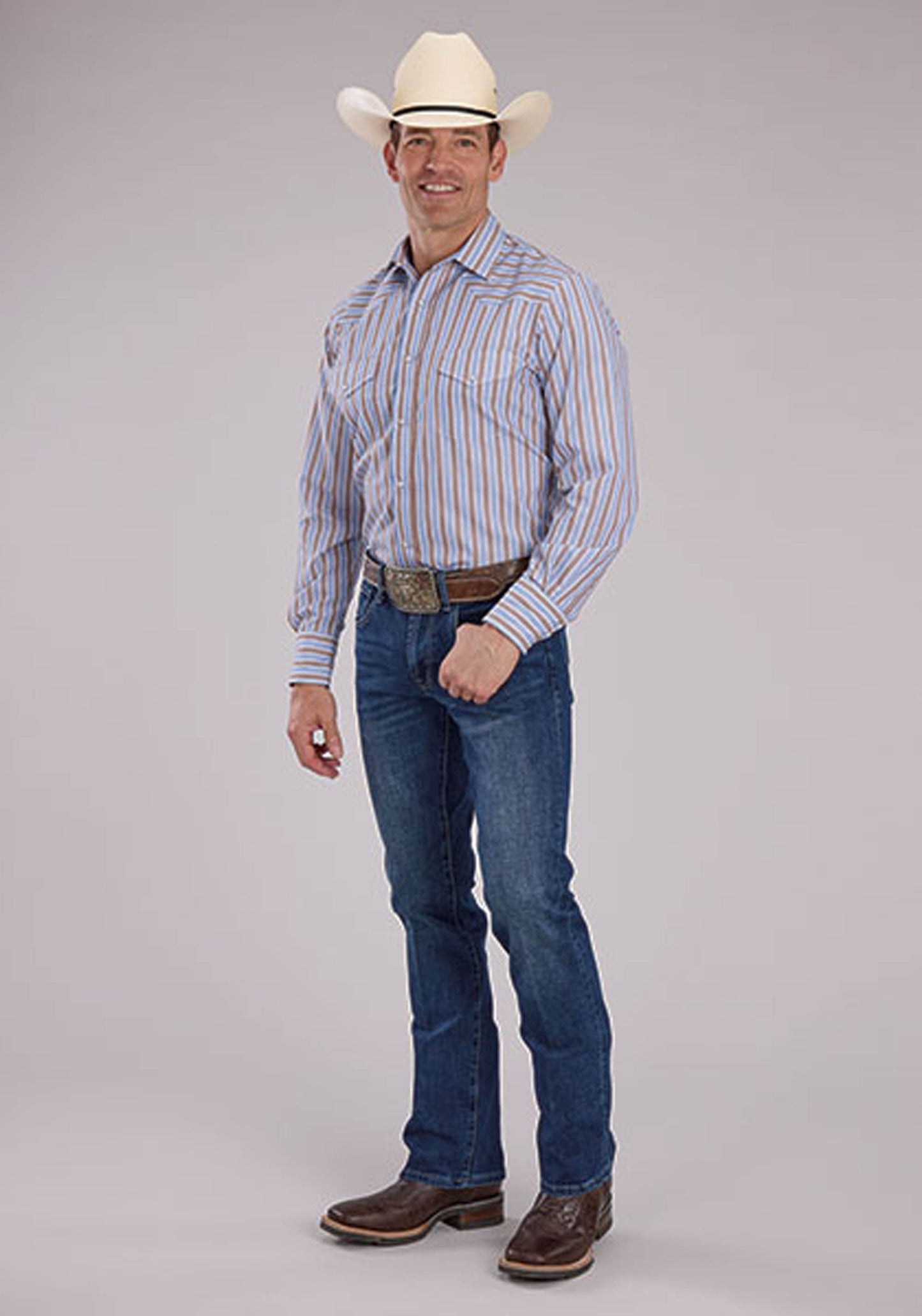 Roper Mens Brown Blue Stripe Long Sleeve Snap Western Shirt