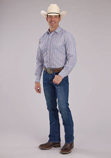 Roper Mens Brown Blue Stripe Long Sleeve Snap Western Shirt